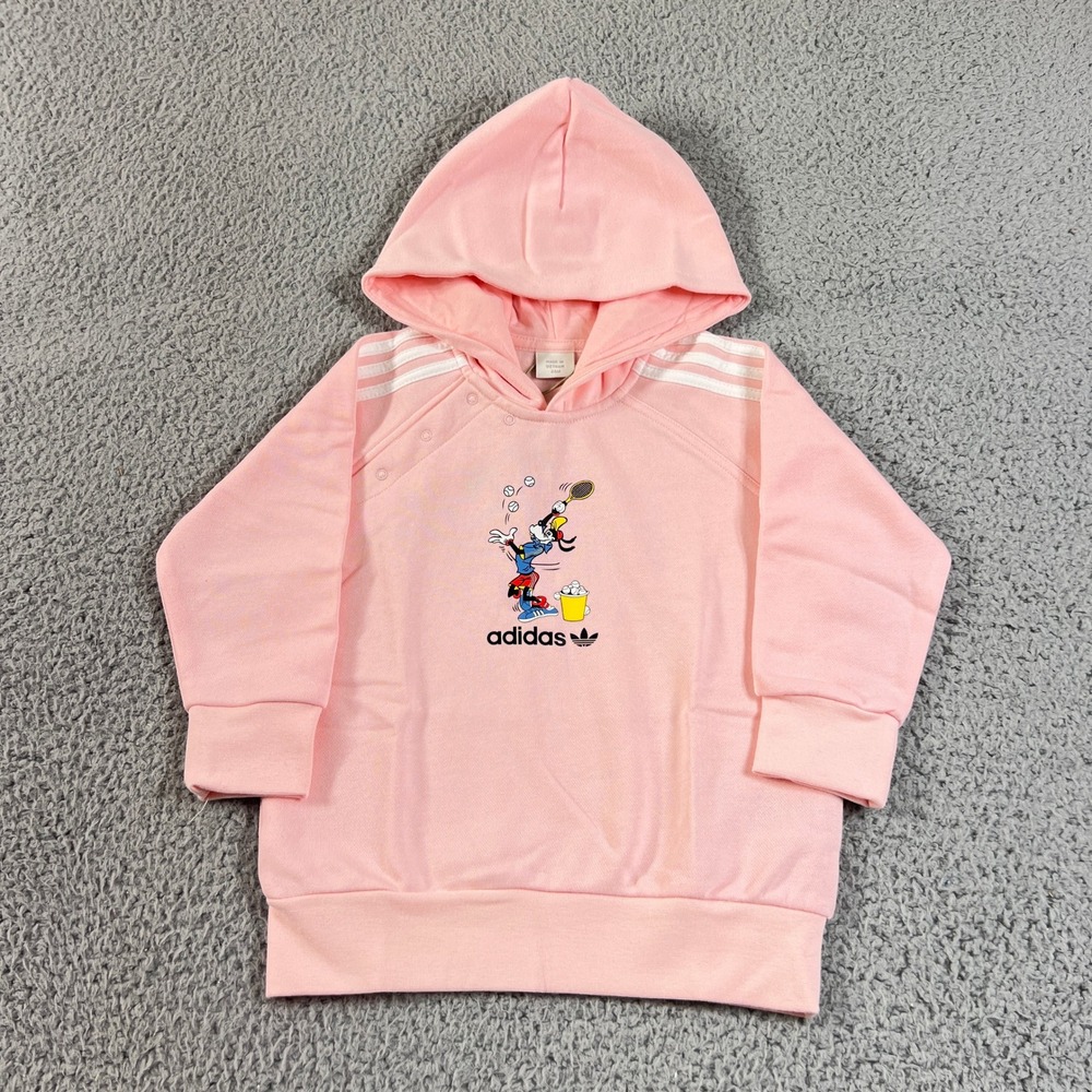 Adidas Goofy Hoodie Kids 24M Pink Disney Tennis Graphic Fleece Sweatshirt VTG